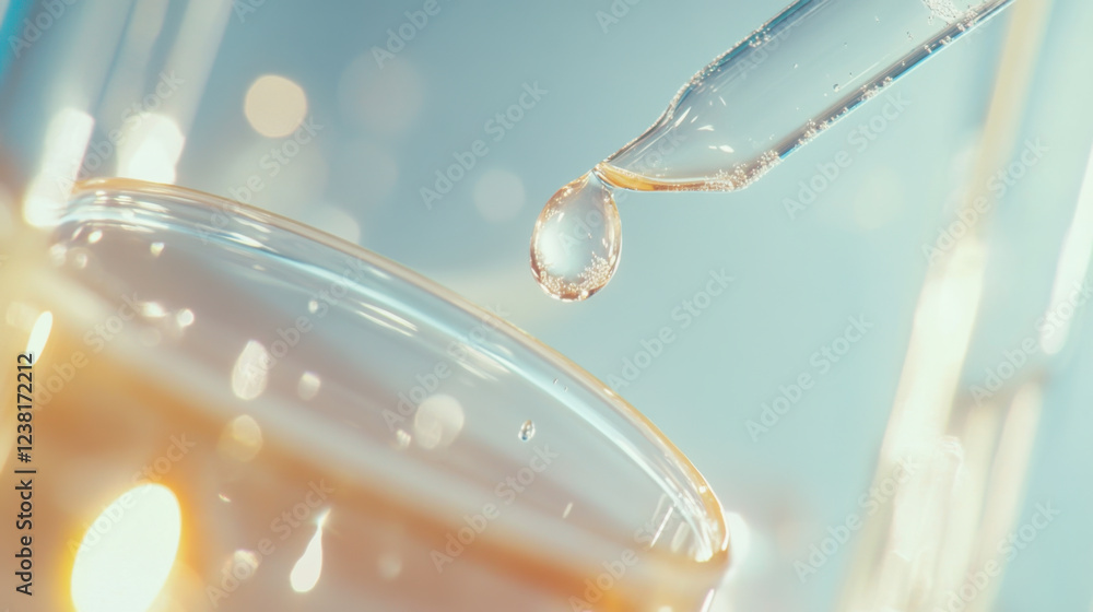 Poster close-up of a pipette dropping liquid into clear water creating ripples and reflections in a soft li