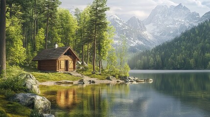 Fototapeta premium Log Cabin Nestled by a Peaceful Forest Lake. AI generated image
