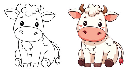 Cute Kawaii Ox or Cow line art with fill-colored sample Printable. Isolated on White Background Outline Vector Illustration. Bold and Easy Farm and Domestic Animal Coloring Page for Adults and Kids