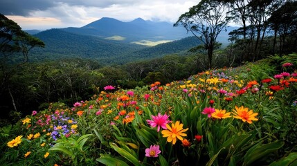 Rainforest scenes nature concept. Vibrant flowers bloom on a hillside, surrounded by lush green mountains and scenic beauty.