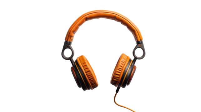 Orange headphones isolated on transparent background, floating in empty space