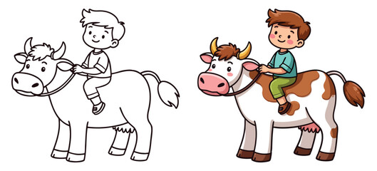 Cute Kawaii Ox or Cow and Boy line art with fill-colored sample Printable. Isolated on White Background Outline Vector Illustration. Bold and Easy Farm and Domestic Animal Coloring Page