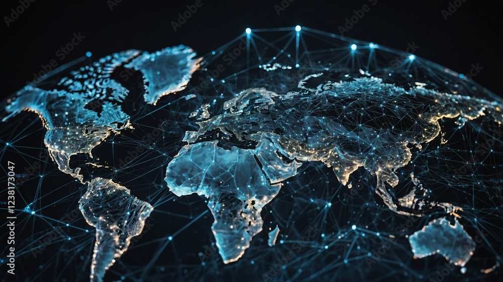 Poster visual representation of a connected world with a digital map showcasing global networks