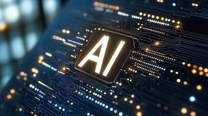 This digital artwork features a human silhouette and circuit board texture, highlighting the world of artificial intelligence