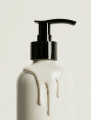 Obraz premium A close-up of a white lotion bottle with a black pump, showcasing dripping product.