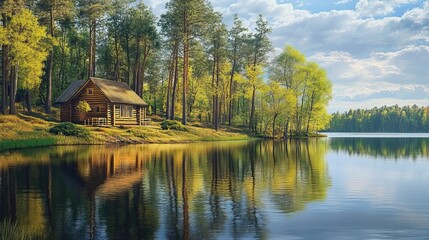 Log Cabin Nestled by a Peaceful Forest Lake. AI generated image
