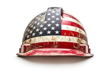 A weathered American flag hard hat, perfect for construction or patriotic imagery.