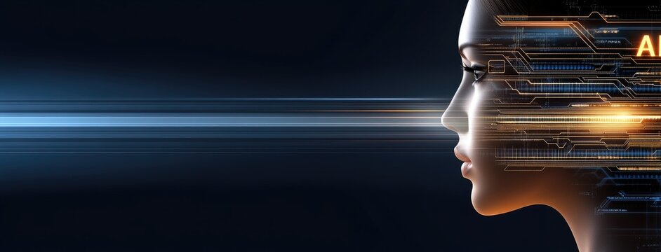 This digital artwork features a human silhouette and circuit board texture, highlighting the world of artificial intelligence