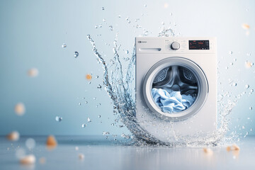 A dynamic view of a running washing machine with water droplets flying off freshly washed clothes
