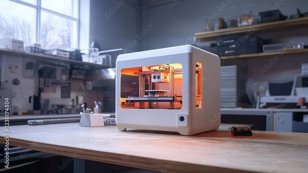 Poster 3d printer at work in a modern workshop, creating an innovative prototype for a new gadget.