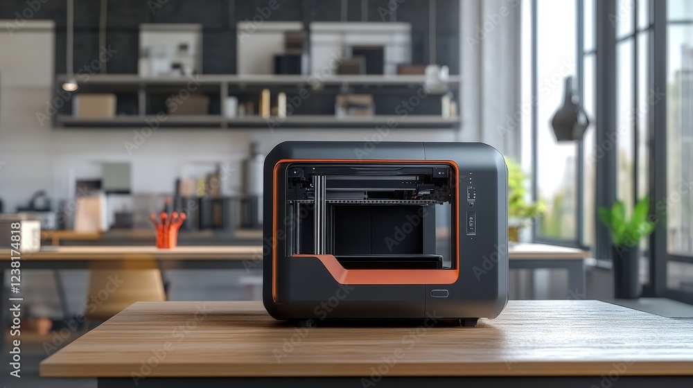 Poster 3d printer at work in a modern workshop, creating an innovative prototype for a new gadget.