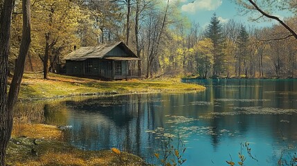 Fototapeta premium Log Cabin Nestled by a Peaceful Forest Lake. AI generated image