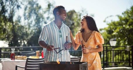 Bbq, drinks and couple of friends outdoor for social gathering, laughing and funny joke at reunion party. New years celebration, woman and man cooking lunch on terrace with bonding or festive holiday