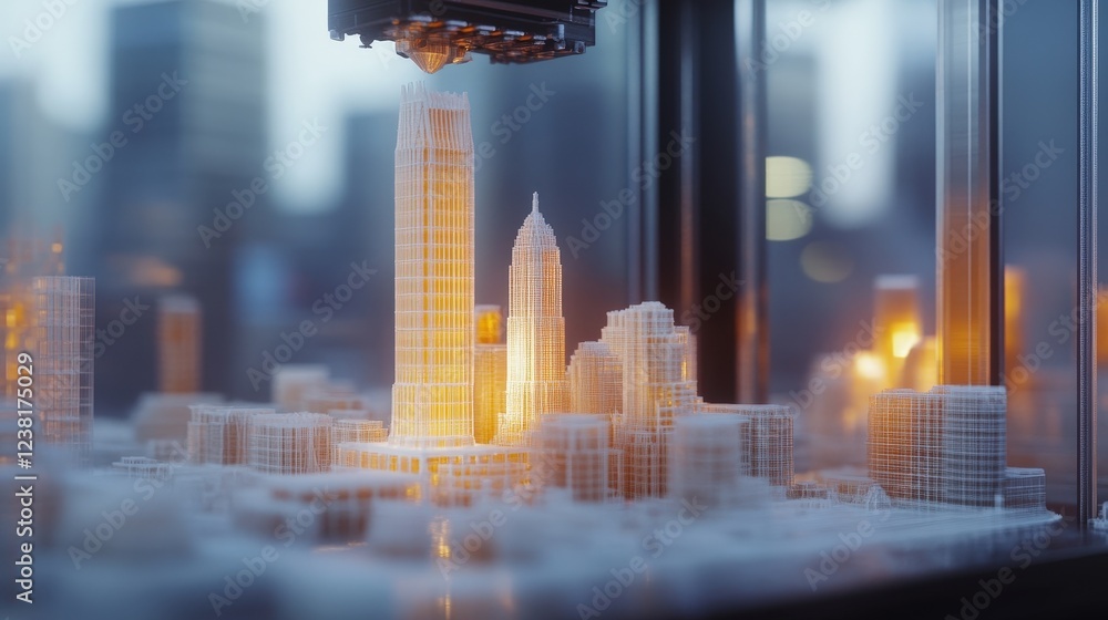 Poster 3d printer creating a detailed miniature of a building layer by layer, showing the precision of mode