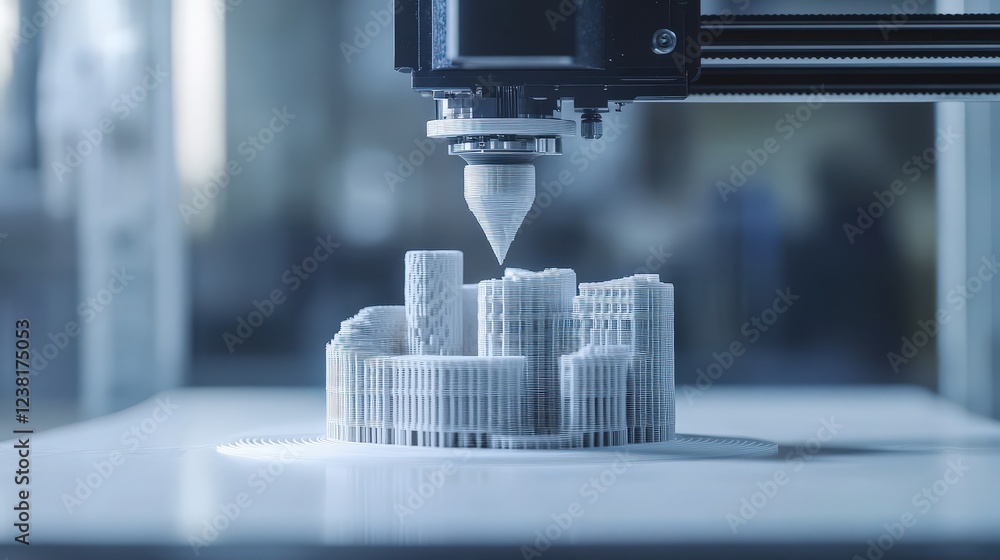 Poster 3d printer creating a detailed miniature of a building layer by layer, showing the precision of mode