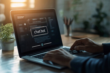 A laptop with a chat bot window open with the words chatbot in a home office or professional setting
