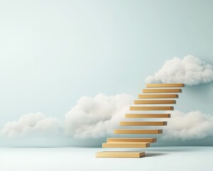 A wooden staircase is shown against a blue background with clouds in the sky