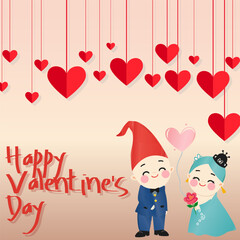 Charming Valentine's Day Illustration with Adorable Couple and Hanging Hearts