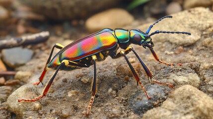 Fototapeta premium Vibrant Jewel Scarab Beetle on Rocky Terrain