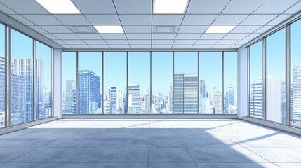 Modern Empty Office Space with City Skyline View Through Windows