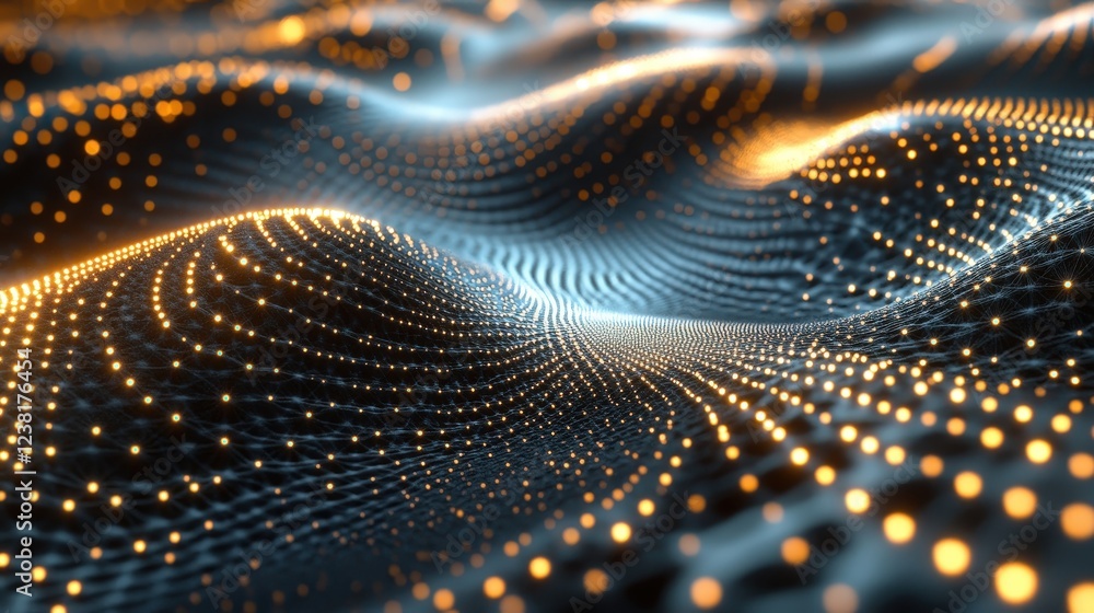 Poster 3d render of particles forming intricate patterns like fractals, dynamically shifting and pulsing wi