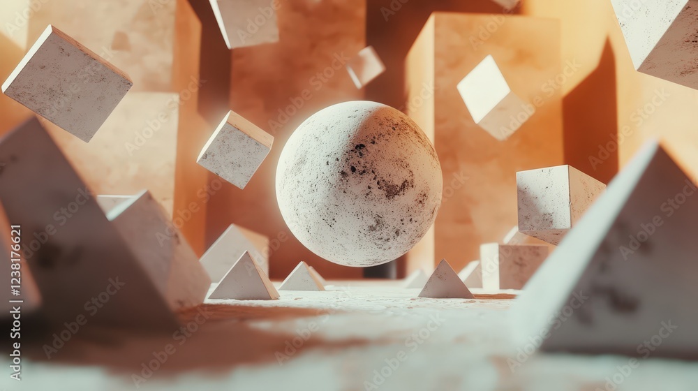 Poster 3d rendering of a sphere surrounded by floating pyramids and cubes, illustrating the interaction bet