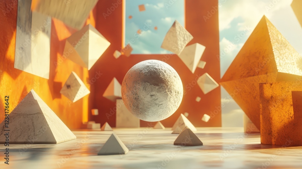 Poster 3d rendering of a sphere surrounded by floating pyramids and cubes, illustrating the interaction bet