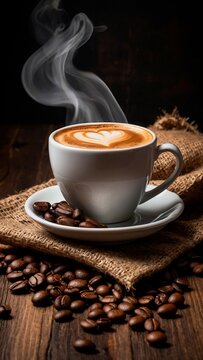 White cup of freshly brewed capuccino coffee with a heart-shaped latte-art, cloud of steam and coffee grains on a dark rustic background. Beautiful drinks beverages photography illustration concept.