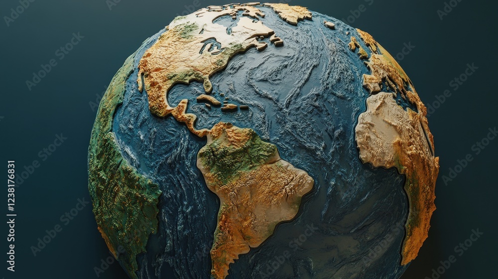 Poster 3d world map with a globe-like design that emphasizes the earths curvature and continents in a reali