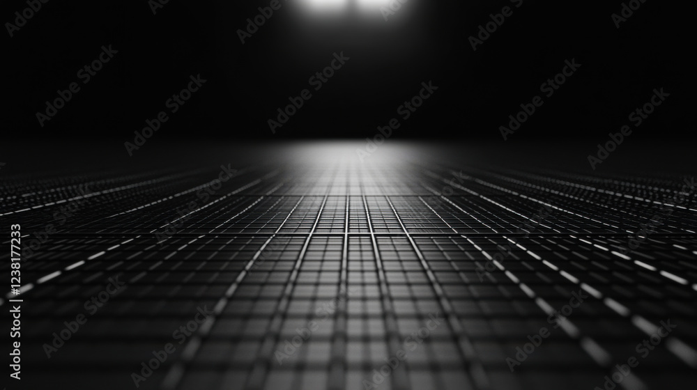 Poster dark perspective of a textured surface leading to a bright light source above in a minimalist settin