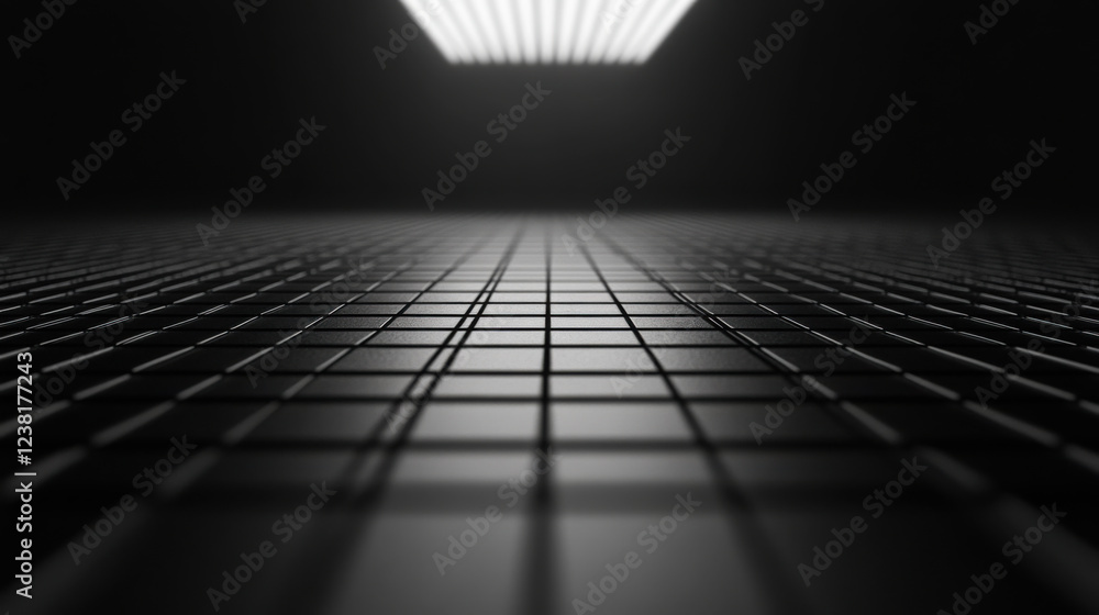 Poster dark perspective of a textured surface leading to a bright light source above in a minimalist settin