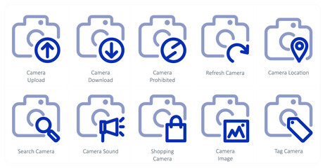 A set of 10 camera icons as camera upload, camera download, camera prohibited