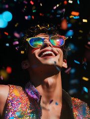 Portrait of young person smiling or laughing at a party with confetti flying, celebrating New Year's Eve, birthday or festive event, dancing in music and dance festival, parade, carnival or gay pride