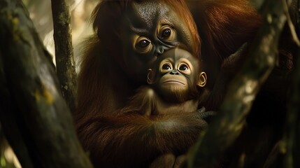 baby orangutan clinging to its mother in the rainforest,