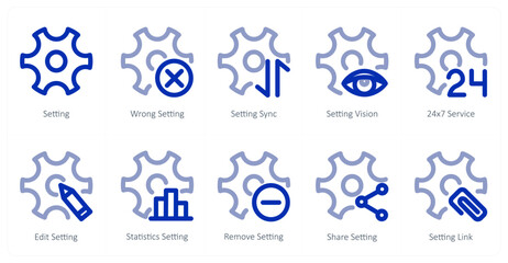 A set of 10 settings icons as setting, wrong setting, setting sync