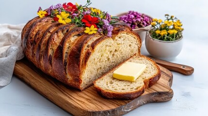 A loaf of bread with butter on top and a flower on it