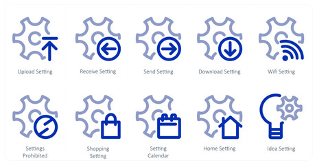 A set of 10 settings icons as upload setting, receive setting, send setting