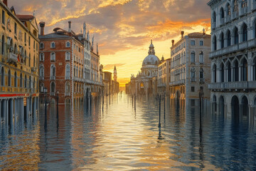 Naklejka premium Flooded urban landscape depicts streets submerged in water with historic buildings in view near the city center during daylight