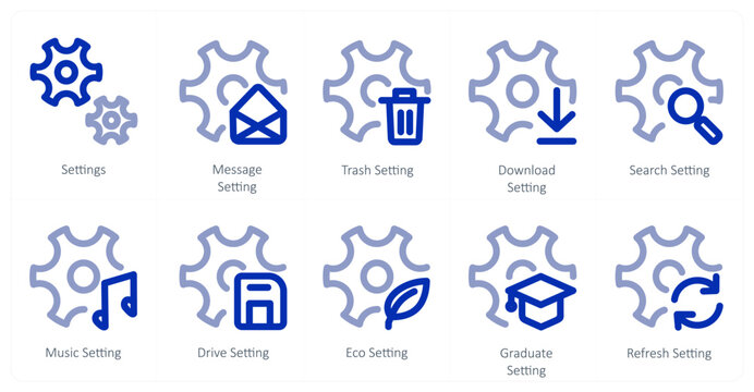 A set of 10 settings icons as settings, message setting, trash setting