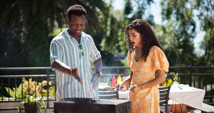 Grill, people or burned food outdoor with stress, bbq fail or surprised with meat waste for reunion party. Man, woman host and shocked on terrace for barbecue problem or meal at new years celebration