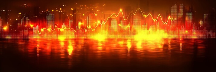 Cityscape Financial Screen With Stock Prices, Line Chart, Upward Spikes, Red And Orange Colors