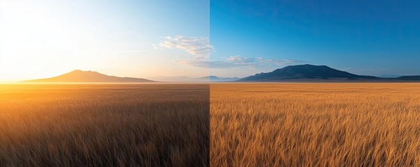 Savannah grassland nature idea. Stunning sunrise and sunset over golden fields with distant mountains.