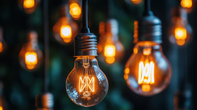 A close-up of illuminated vintage-style light bulbs against a dark backdrop.