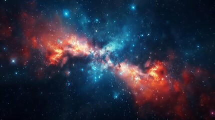 Obraz premium Majestic cosmic panorama of a swirling nebula surrounded by glimmering galaxies in the depths of outer space, featuring an ethereal abstract cosmos background