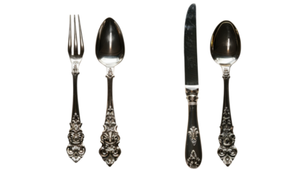 Set of silverware cutlery with ornate handles on transparent background