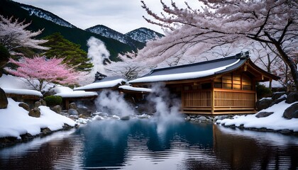 Fototapeta premium 温泉と桜 – 日本の癒しの風景