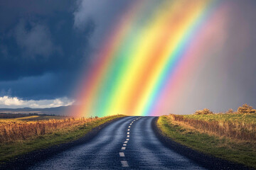 Colorful rainbow arches over winding road near grassy hills after a rainstorm during late afternoon