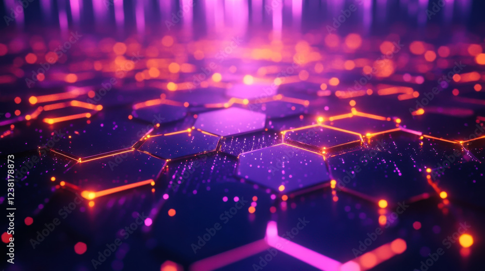 Poster colorful hexagonal pattern with glowing lights creates an abstract digital landscape