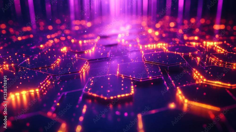 Poster colorful hexagonal pattern with glowing lights creates an abstract digital landscape