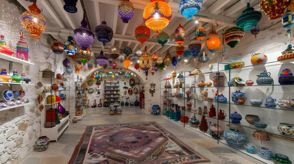 A vibrant display of colorful decorative items in a charming shop interior.